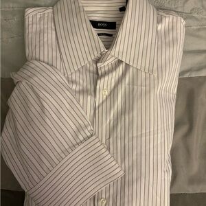 Boss Men's White and Gray Striped Dress Shirt